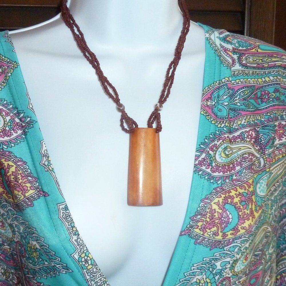 Vintage Boho Horn, Bone Pendant Necklace, Brown Beads, Rectangle, Button Closure